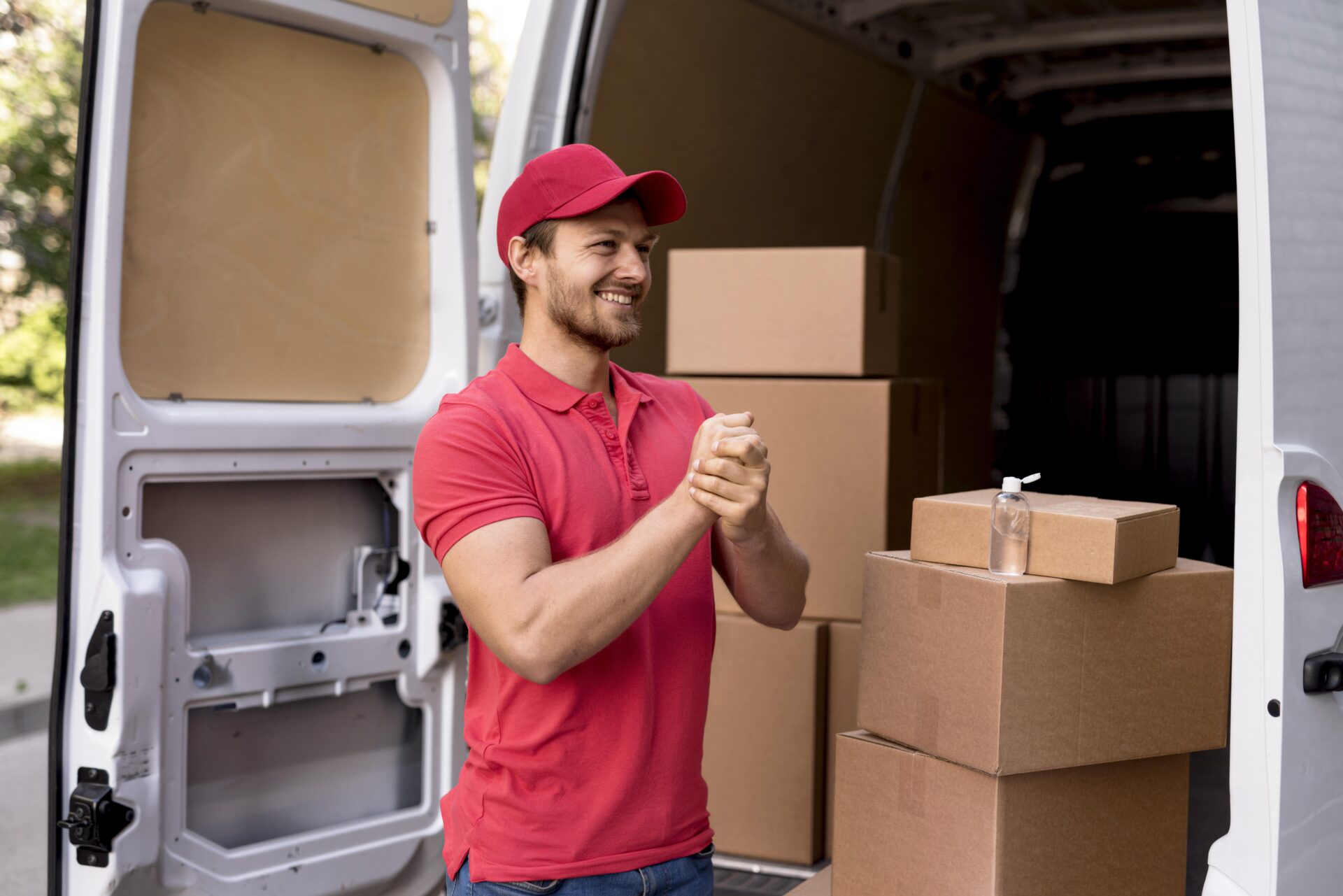 delivery-male-with-mask-using-hand-sanitizer delivery male with mask using hand sanitizer